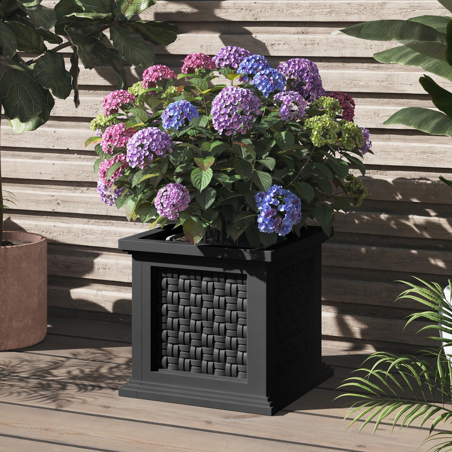 Rattan Style Outdoor Planter Box - 14.65-Inch-Square Decorative Flower or Plant Pot - Garden, Patio and Front Porch Decor by Pure Garden (Black)