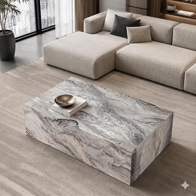 Coffee Table, Modern Faux Marble Living Room Table in Grey