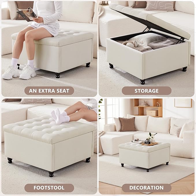 Weture 30 Inch Large Square Storage Ottoman Coffee Table, Oversized Square