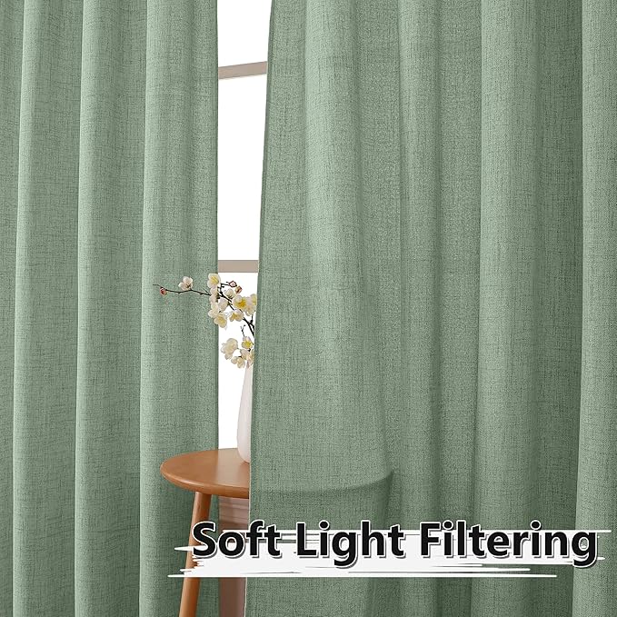 Tollpiz Linen Curtain Bedroom Rod Pocket Semi Sheer Curtains Burlap Light Filtering Thick Linen Drape for Living Room, 38 x 84 inches Long, Sage Green, Set of 2 Panels