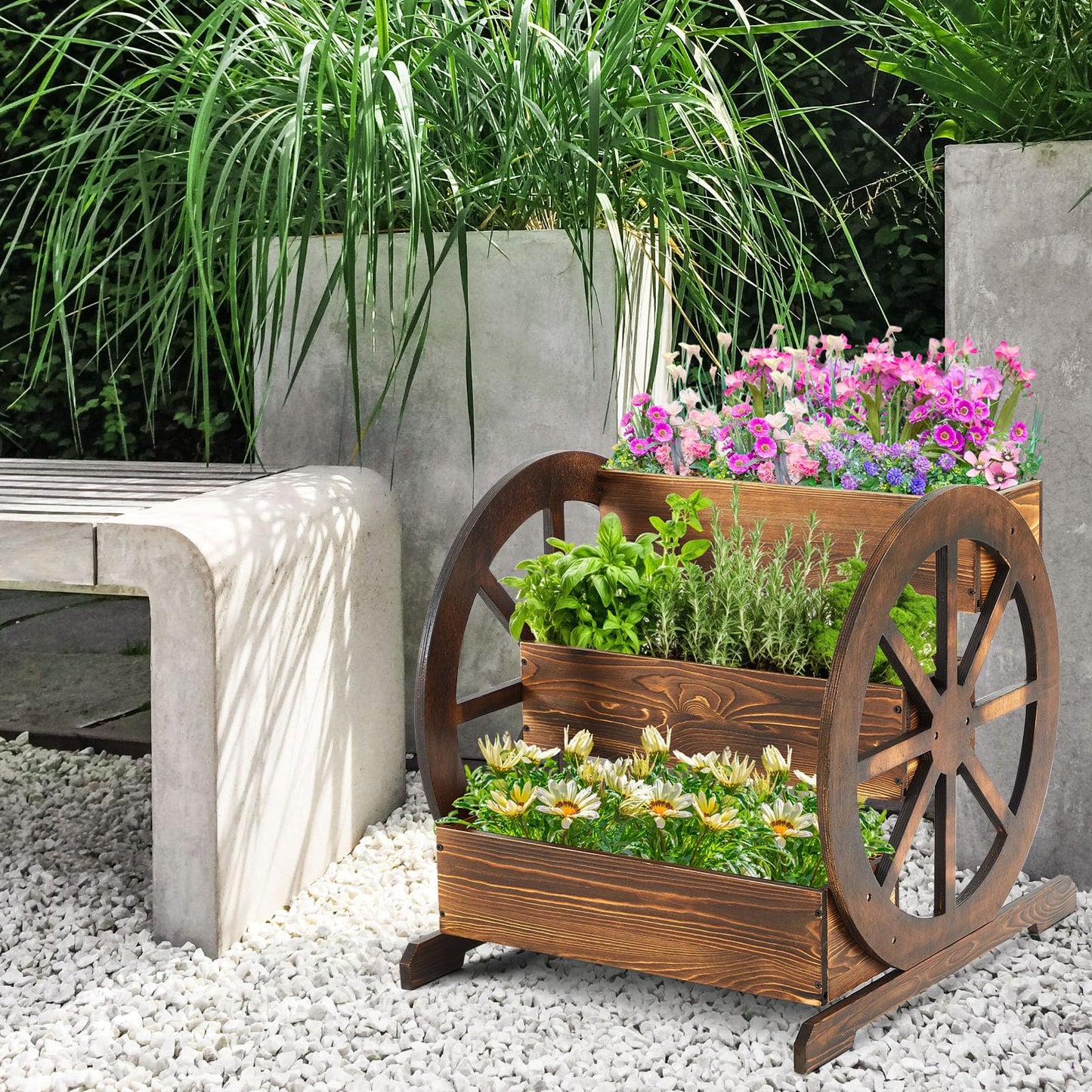 Beeveer 3 Tier Wooden Wagon Planter Box 24" x 24.5" x 22.5" Garden Planter for Outside Wood Planter Box with Drainage Holes Decorative Planters for Patio Garden Balcony Vegetables Flowers Herbs