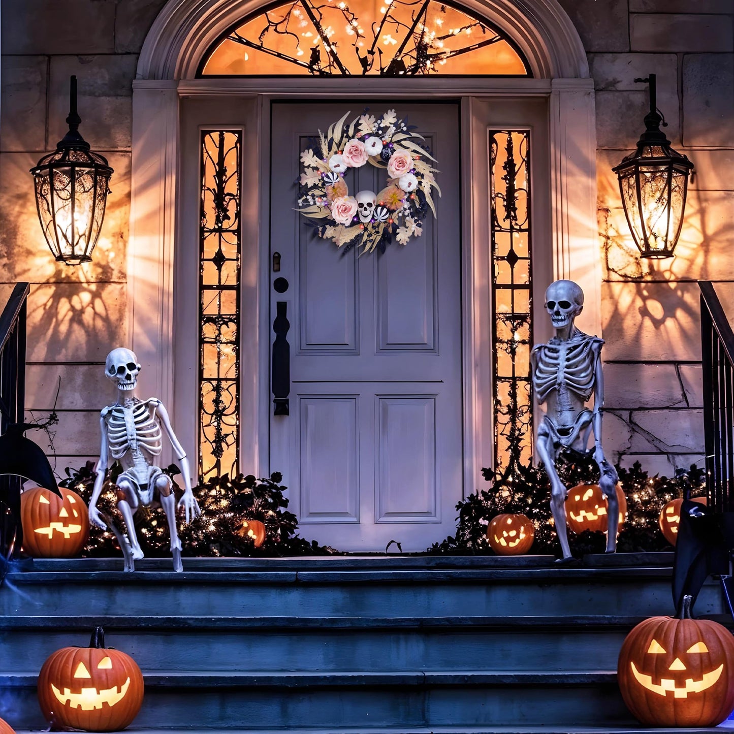 Valery Madelyn 18 Inch Halloween Wreath for Front Door with Lights, Pre-Lit Fall White Pumpkin Skull Wreath Pink Roses Halloween Decorations for Home Porch Table Centerpiece Party Holiday Autumn Decor