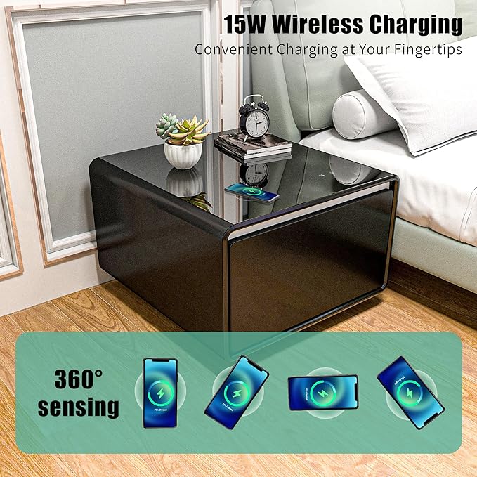LUMISOL Smart Side Table with Built-in Fridge, Wireless Charging, Temperature
