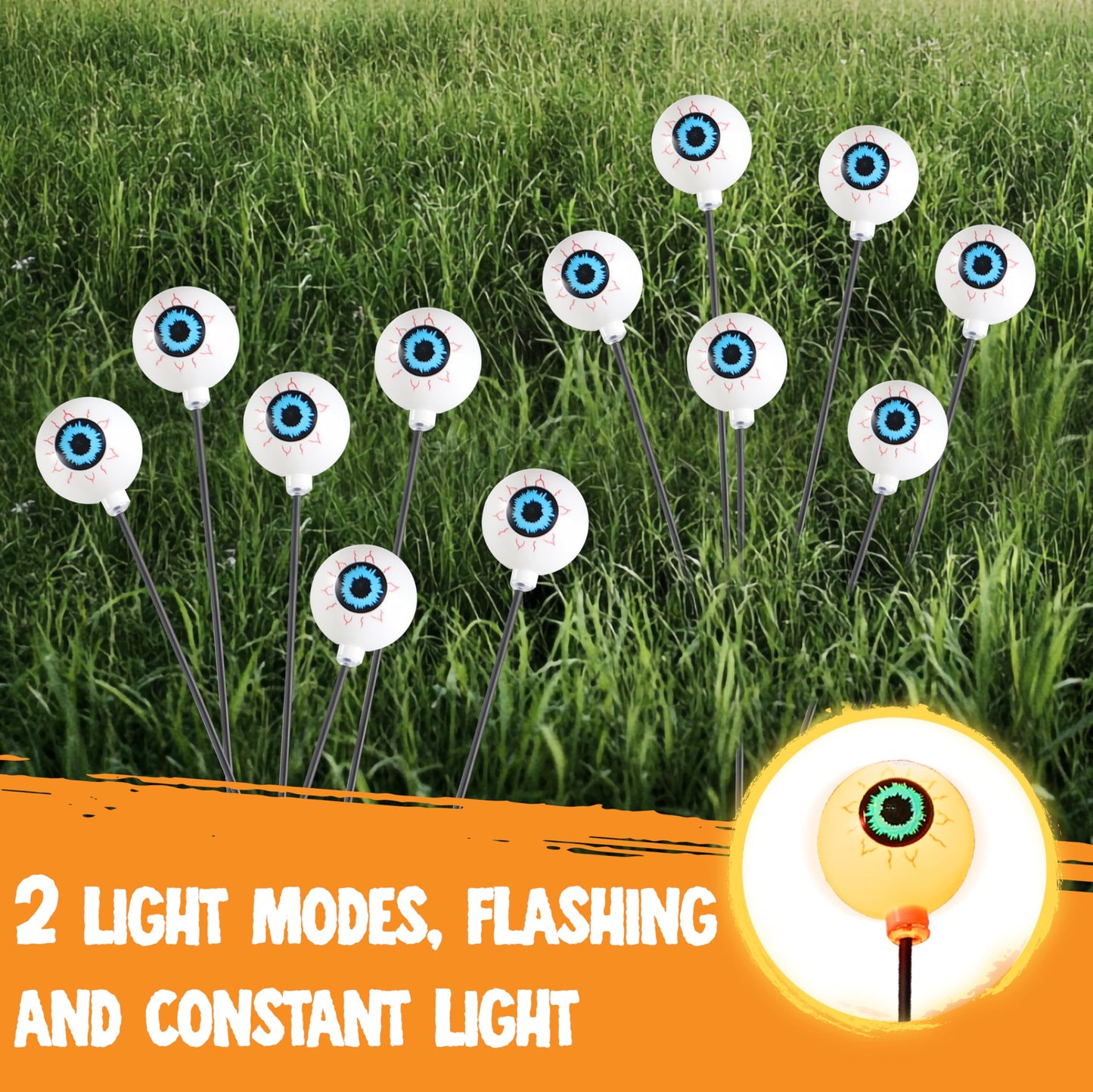 JOYIN Halloween Decorations Outdoor Solar Scary Eyeball Lights, 2 Pcs 12LEDs Warm Pathway Yard Stakes, Waterproof Firefly Lights for Halloween Graveyard Yard Garden Patio Walkway Party