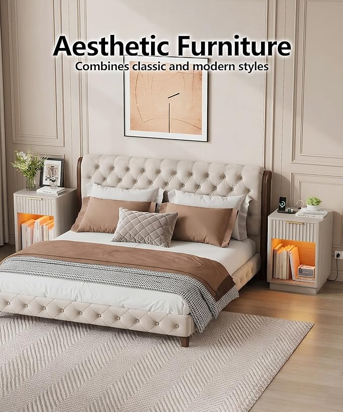 Akxomel Fluted Nightstands Set of 2, Wooden Night Stand