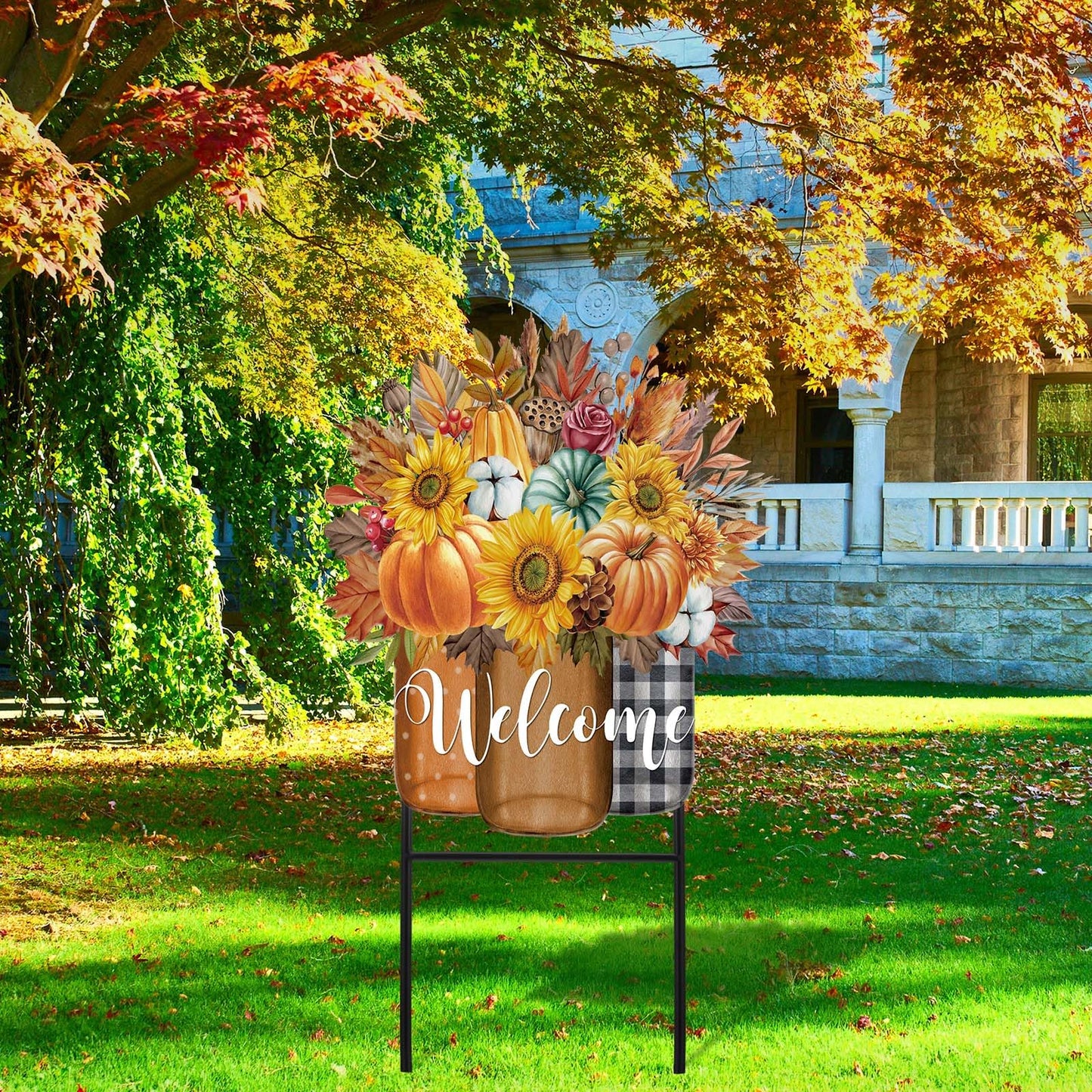 Amyhill Fall Outdoor Decor Metal Garden Stakes 25 Inch Autumn Welcome Yard Signs Fall Decorations Outdoor Pumpkin Decorative Garden Stakes Decorations Thanksgiving Autumn Harvest Patio Lawn Walkway
