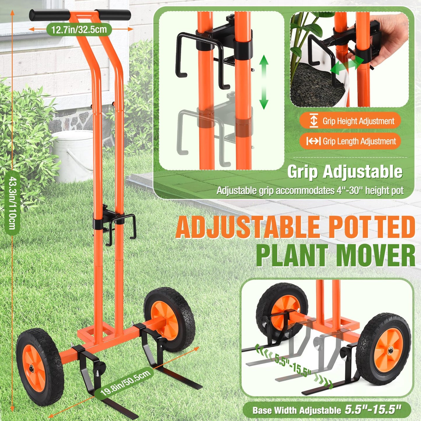 Plant Caddy with Wheels, Heavy Duty Plant Mover Cart with Adjustable Grabbing Arm and Strap, 175 LBS T-Handle Plant Dolly with Suction Cups for Plant Pots Garden Pot Trolley Indoor Outdoor Use, Orange