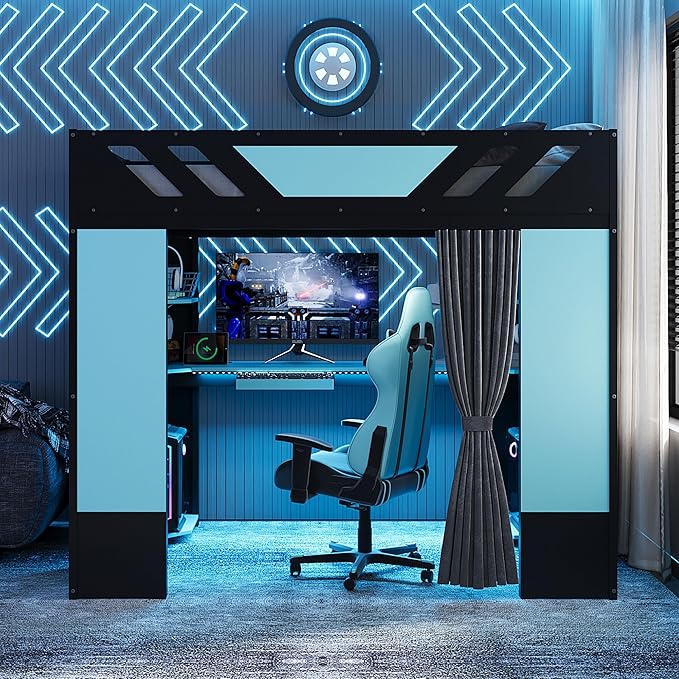 Full Size Wood Loft Bed with Built-in Workstation, Smart Storage, RGB Lighting