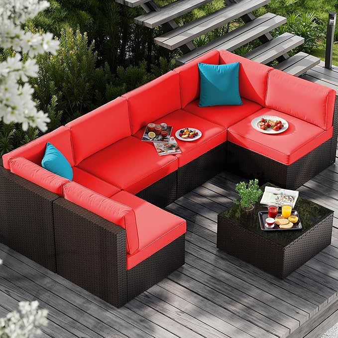 Vongrasig 7 Pieces Patio Furniture Sets, Outdoor All-Weather Wicker Patio