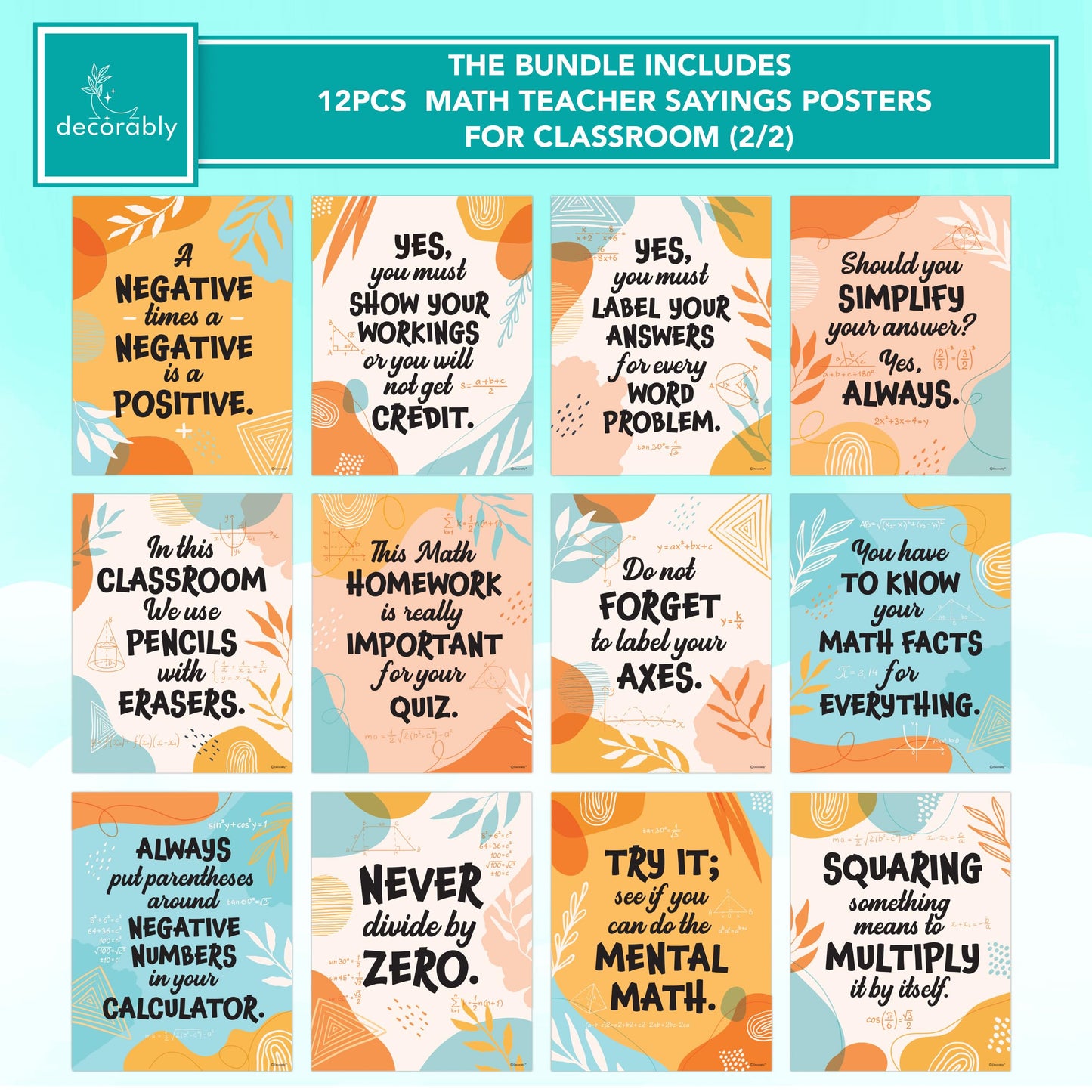 Decorably Parts of Speech Posters and Math Teacher Sayings Posters for Classroom