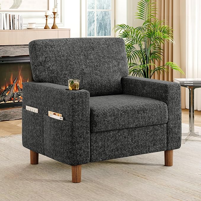 Mid Century Modern Accent Chair, Chenille Comfy Living Room Arm Chairs