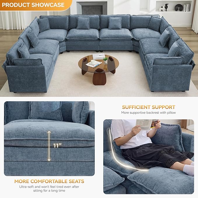 147'' Oversized U Shaped Cloud Sectional Sofa, Chenille Deep Seat Couches