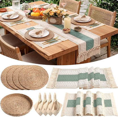 4 Sets Boho Decoration Placemats Round Woven Placemats, Cloth Napkins, Wood Bead Napkin Rings, Long Table Runner and Farmhouse Burlap Cotton for Table Kitchen (Green,12x72)