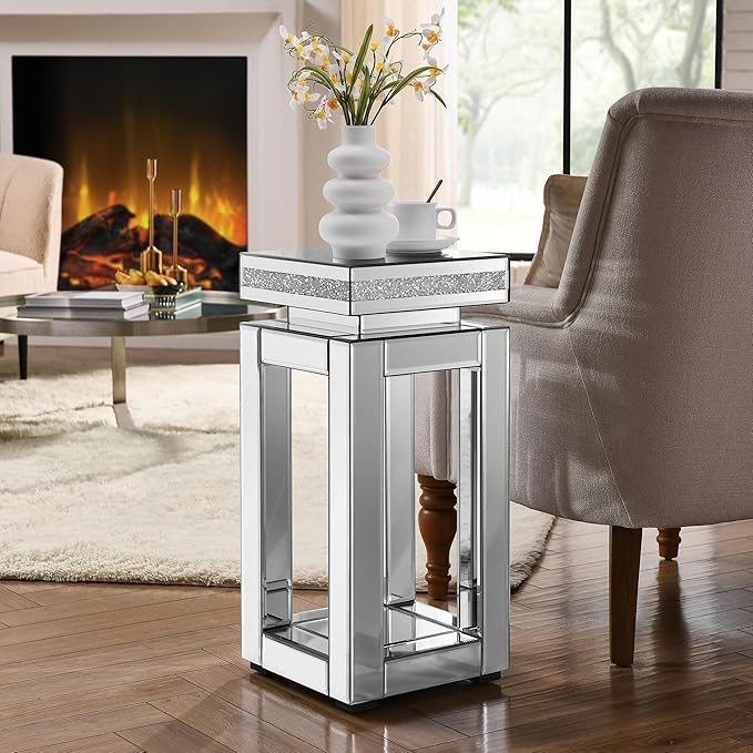 Mirrored End Table Square with Crystals, 2-Tier Modern Small Sofa Table with