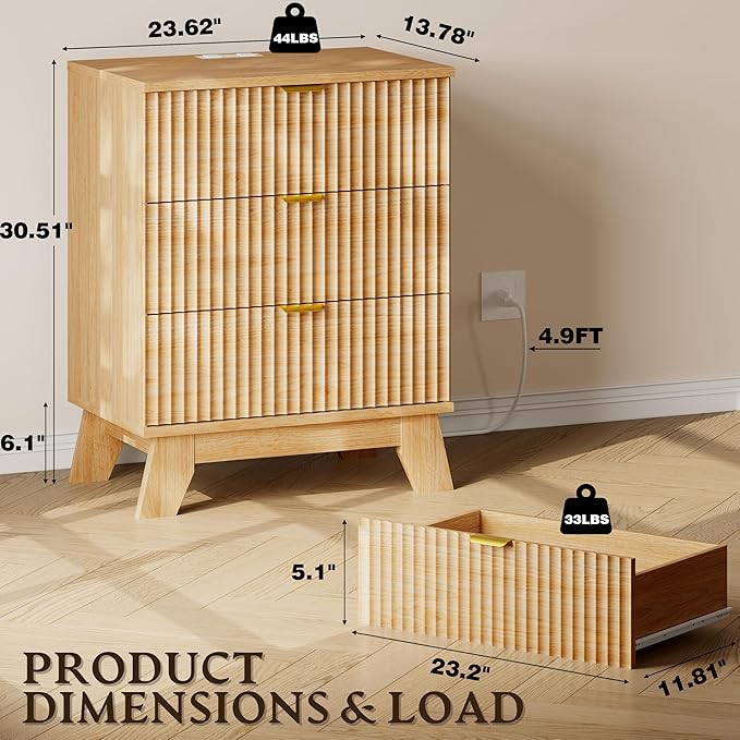 BORNOON 30.5" Nightstand with Charging Station, 3-Drawer Fluted Bedroom Chest