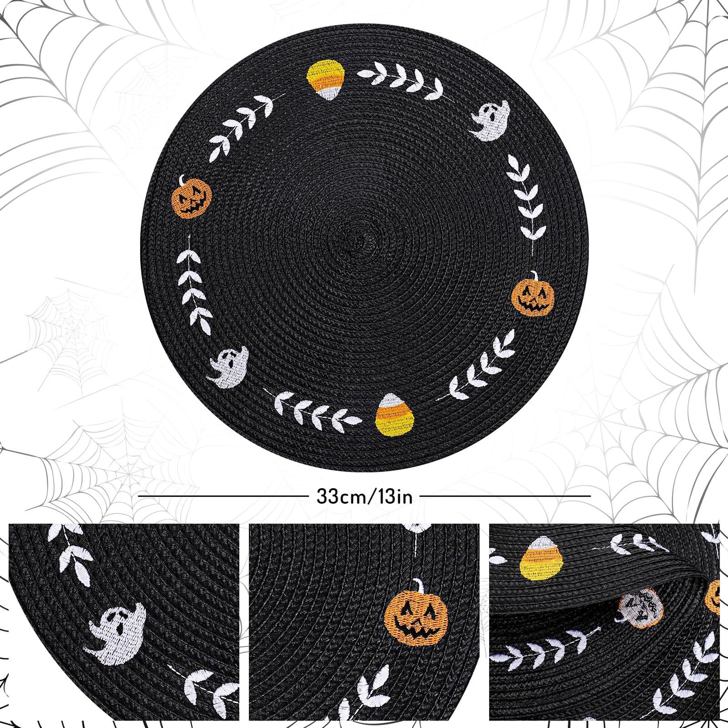 Whaline 4 Pcs Round Halloween Placemats Embroidered Ghost Pumpkin Candy Corn Place Mats Black Spooky Dinner Table Mats for Halloween Holiday Trick or Treat Party Table Decor