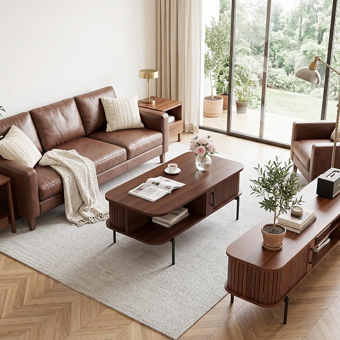 VECELO Coffee Table,40" Mid Century Coffee Tables with Open Storage Shelf,Fluted Table with Sliding Tambour Door,Farmhouse Wooden Tables Center Table for Living Room,Home Office,Walnut Brown