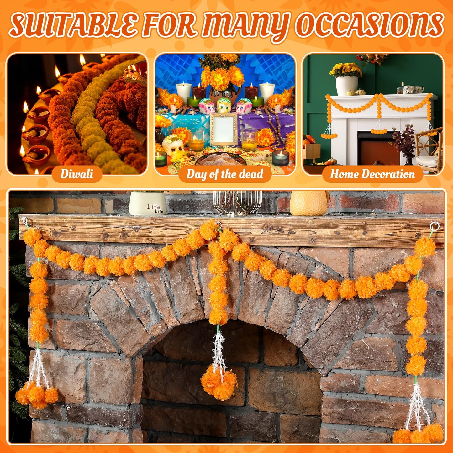 Giegxin 3 Pcs Marigold Garland for Diwali Decoration 4.92 feet Long Strand Artificial Marigold Flowers for Diwali Pooja Indian Home Wedding Dia De Los Muertos Day of The Dead (Orange)