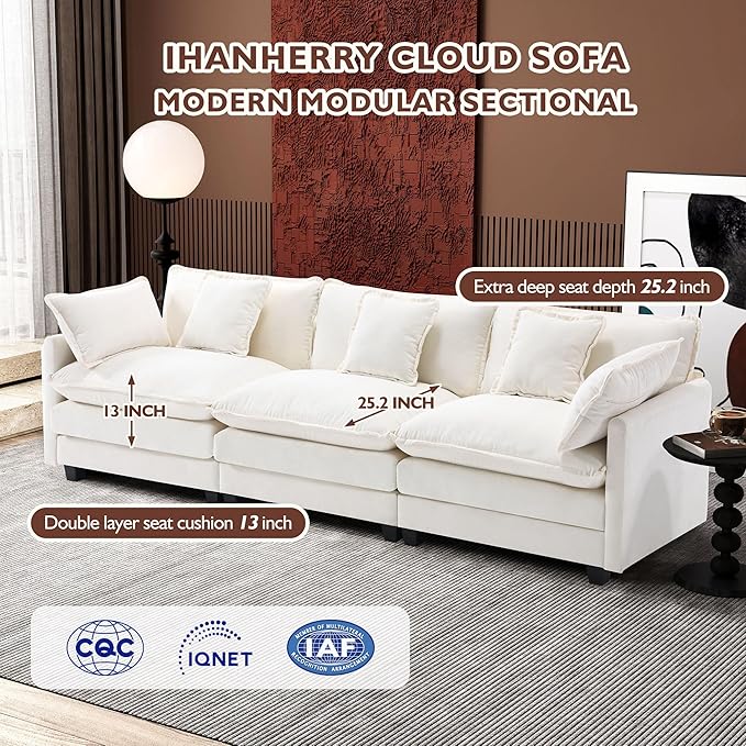Ihanherry 111.4 Inch 3-Seater Cloud Sofa, Modular Sectional Couch, Modern Deep