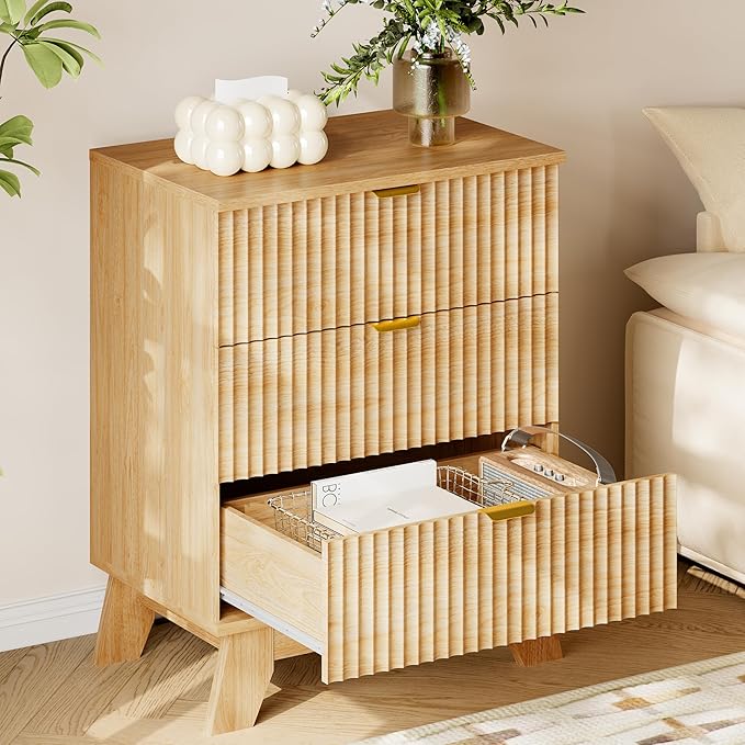 BORNOON 30.5" Nightstand with Charging Station, 3-Drawer Fluted Bedroom Chest