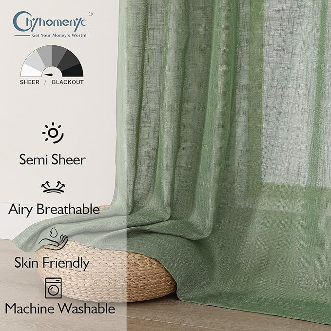 Chyhomenyc Sage Green Semi Sheer Curtains 84 Inches Long 2 Panels Set, Light