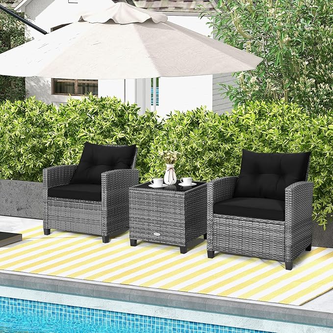HAPPYGRILL 3 Pieces Patio Conversation Set, Outdoor Furniture Set PE Rattan
