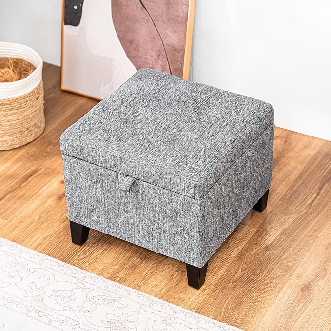 Adeco 18-Inch Cube Storage Ottoman, Upholstered Linen Footrest Stool