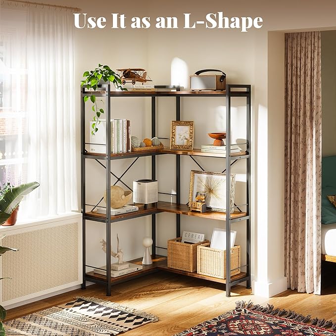 Huuger 4 Tier Bookshelf, L Shaped Corner Bookshelf