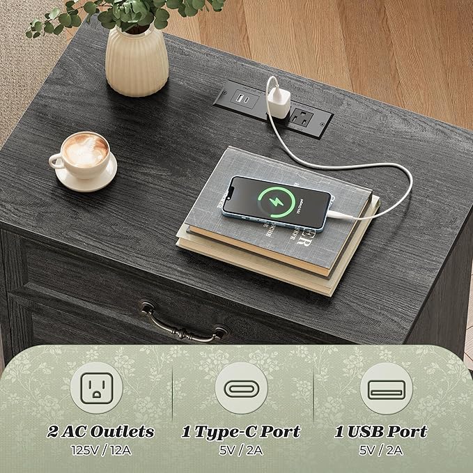 Huuger Nightstand with Charging Station, 3 Drawer Night Stand, 22 Inch Wider