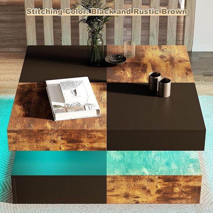 HedoAjim LED Coffee Table for Living Room, Living Room Table 2-Tier Square