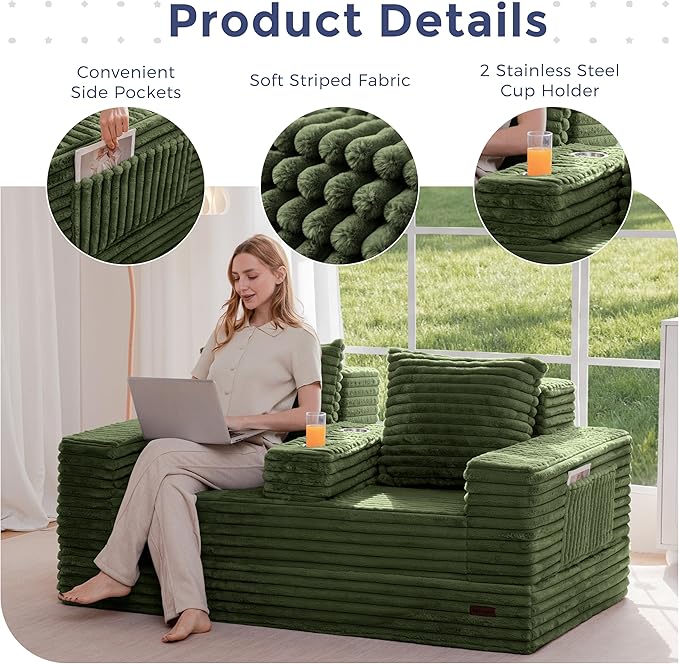 MAXYOYO Loveseat Sofa Bed, Striped Faux Fur Foldable Floor Sofa Couch in A Box
