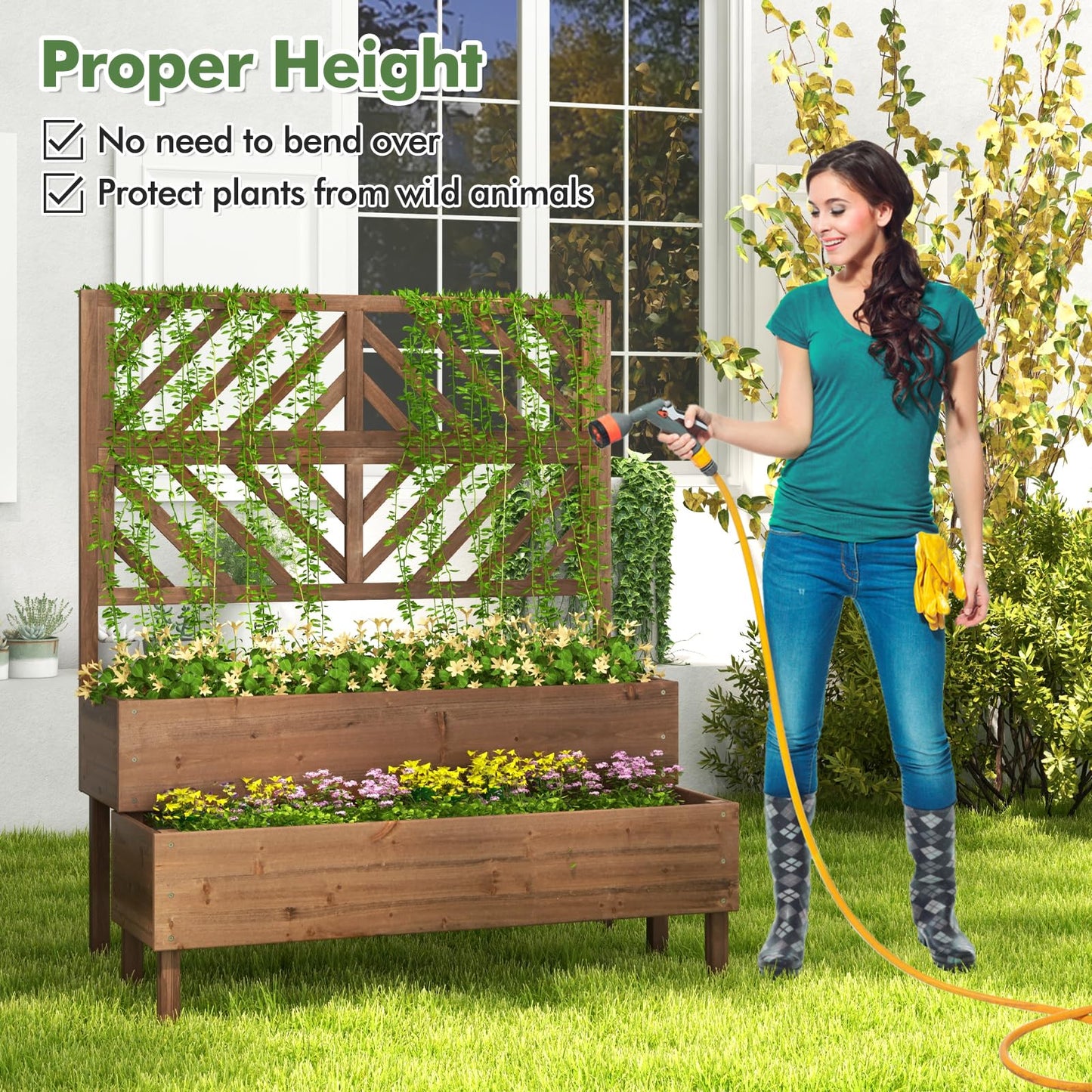 Toolsempire Raised Garden Bed with Trellis & 2 Planter Boxes, 2-Tier Outdoor Wooden Elevated Planter Box with Legs & Drainage Holes, Gardening Planters for Flowers, Herbs, Vegetables & Fruits(Brown)