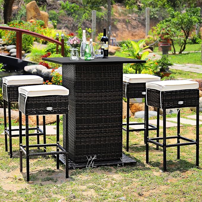 Tangkula 5 Piece Outdoor Rattan Bar Set, Patio Bar Furniture