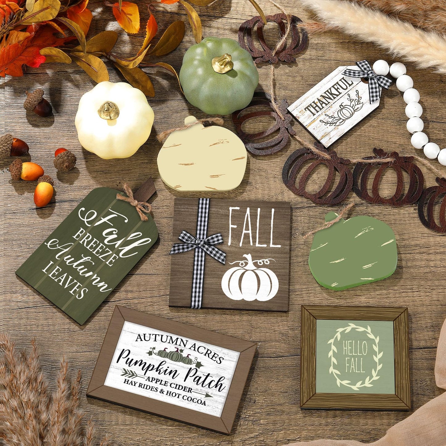 Reallnaive 18 Pcs Fall Thanksgiving Tiered Tray Decor Set Pumpkin Buffalo Plaid Wood Sign Hello Fall Rustic Farmhouse Neutral Tray Decoration Tabletop Sign for Autumn Home Kitchen Festival(Sage Green)