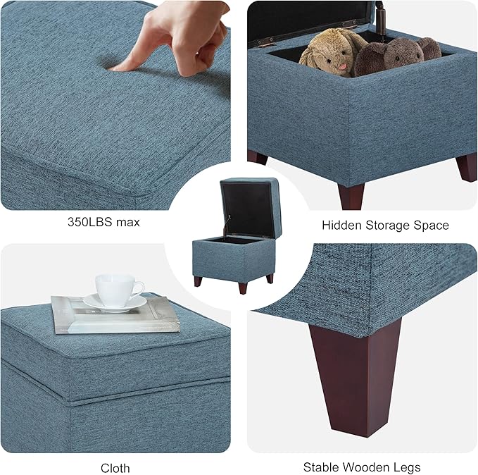 Adeco 17" Square Ottoman with Storage, Small Blue Storage Ottoman Foot Rest