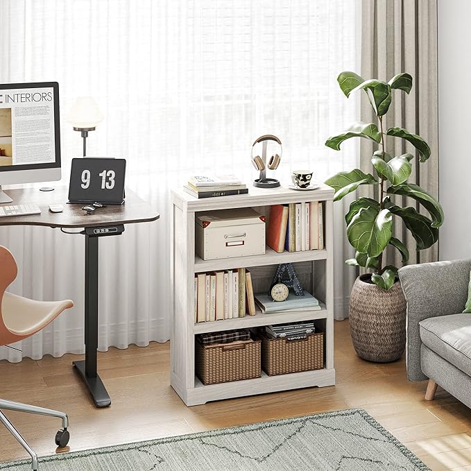 LINSY HOME 3-Tier Bookcase, Small Bookshelf Wood Display Storage Shelves