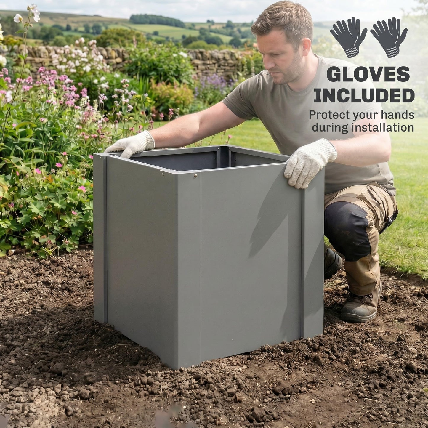 Outsunny Galvanized Tall Outdoor Planter Metal Square Large Planter Box with Open Bottom and Gloves for Vegetables, Flowers, Herbs, Outdoor Plants, 1.4 x 1.4 x 1.5 ft, Gray