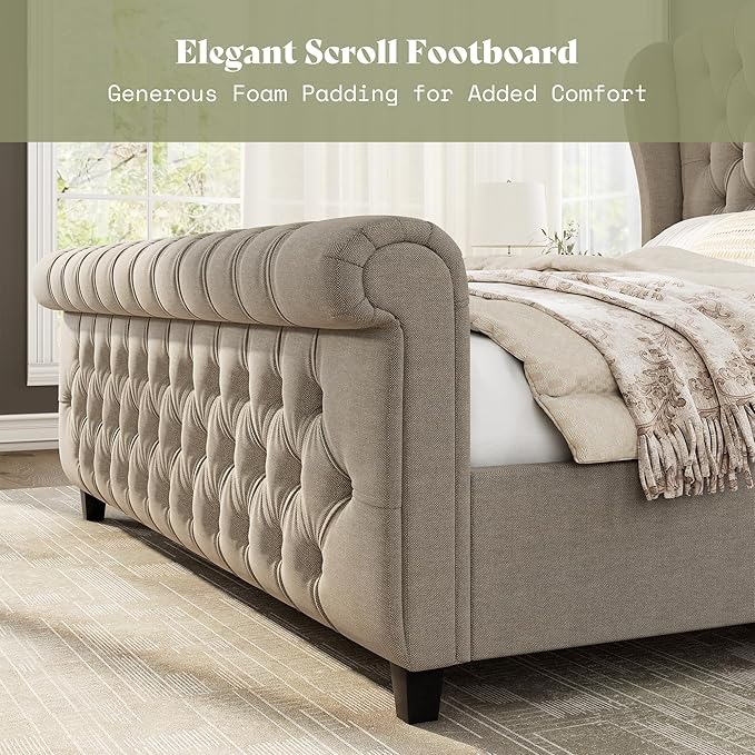 AMERLIFE King Size Platform Bed Frame, Linen Upholstered Sleigh Bed