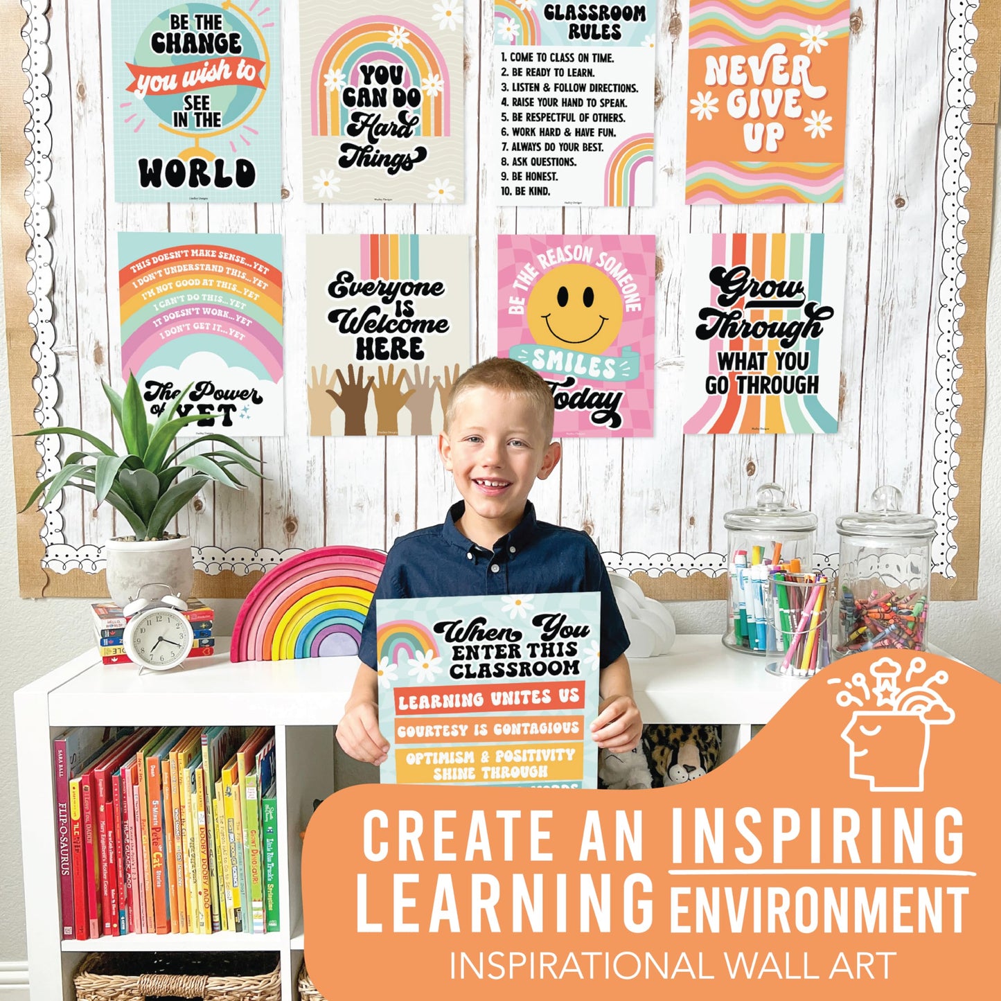 Hadley Designs Motivational Poster for Classroom Decor - 9 Growth Mindset Classroom Posters Elementary, Inspirational Wall Decor Middle School, Teacher Must Haves, Retro Bulletin Board Decorations