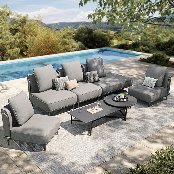 HERA'S HOUSE Metal Patio Furniture Set, Modular 6 Seats and 1 Nesting Coffee