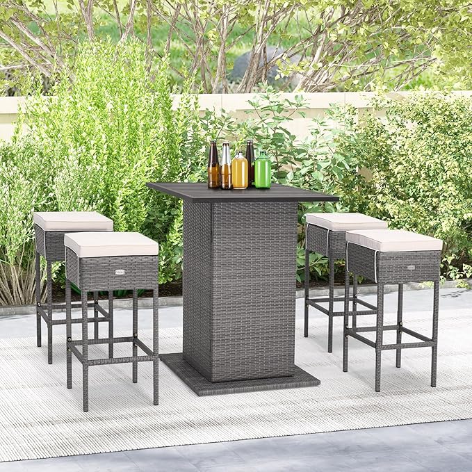 Tangkula 5 Piece Outdoor Rattan Bar Set, Patio Bar Furniture