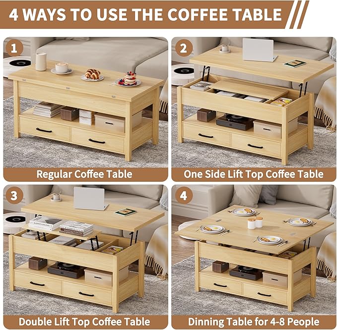 SYESWAY 42'' Lift Top Coffee Table, 4-in-1 Multifunctional Lift Coffee Table
