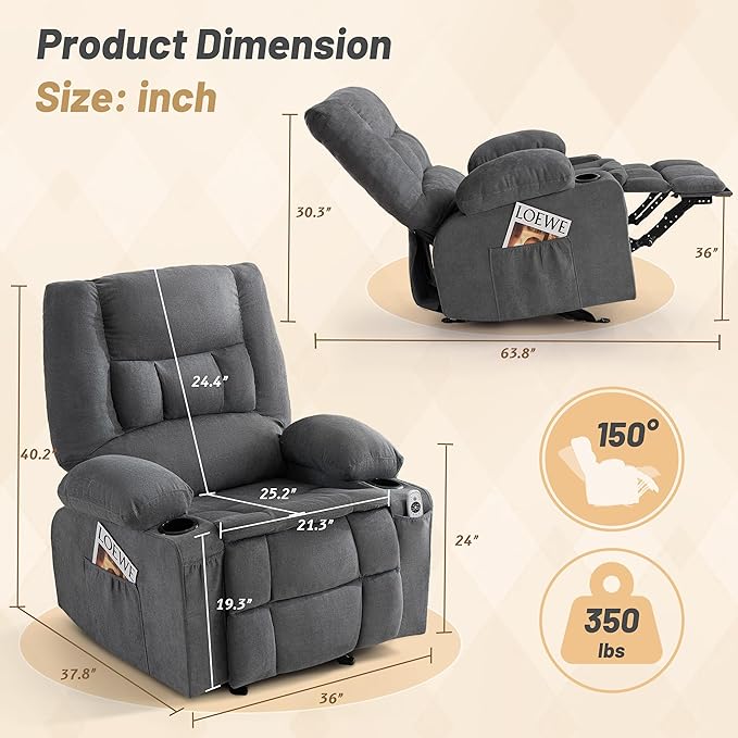 Rocker Recliner Chair with Massage and Heat, Nursery Rocking Chairs