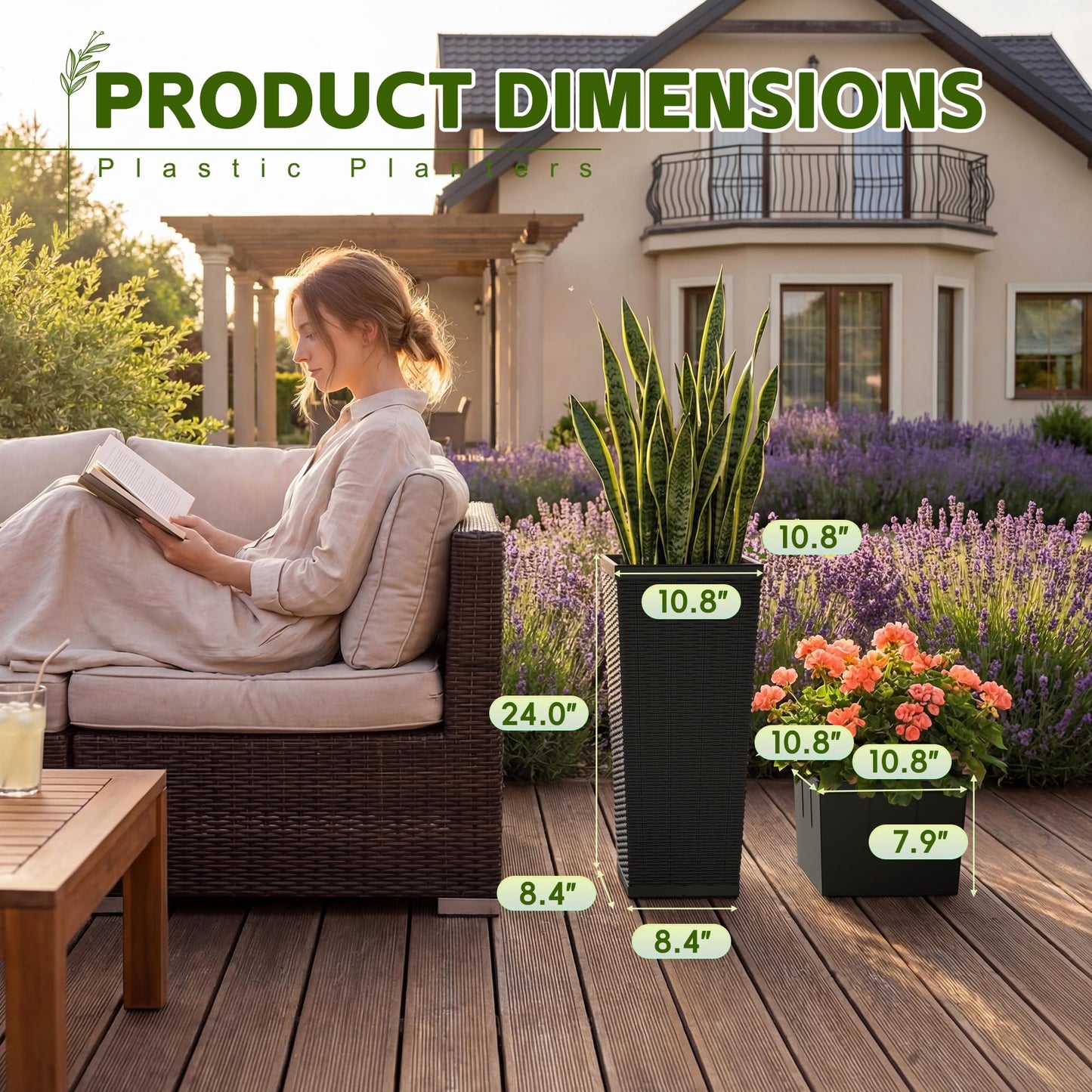Devoko Resin Tall Planters for Outdoor Plants Set of 2, Large Widened Taper Planter Pots with 8 Drainage Holes, Flower Pots Modern Decor for Porch, Patio, Garden (Black, 24'' Without Trays)