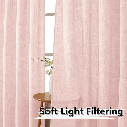 Tollpiz Linen Curtains Bedroom Rod Pocket Semi Sheer Curtain Burlap Light Filtering Thick Linen Drapes for Living Room, 54 x 84 inches Long, Pink, Set of 2 Panels