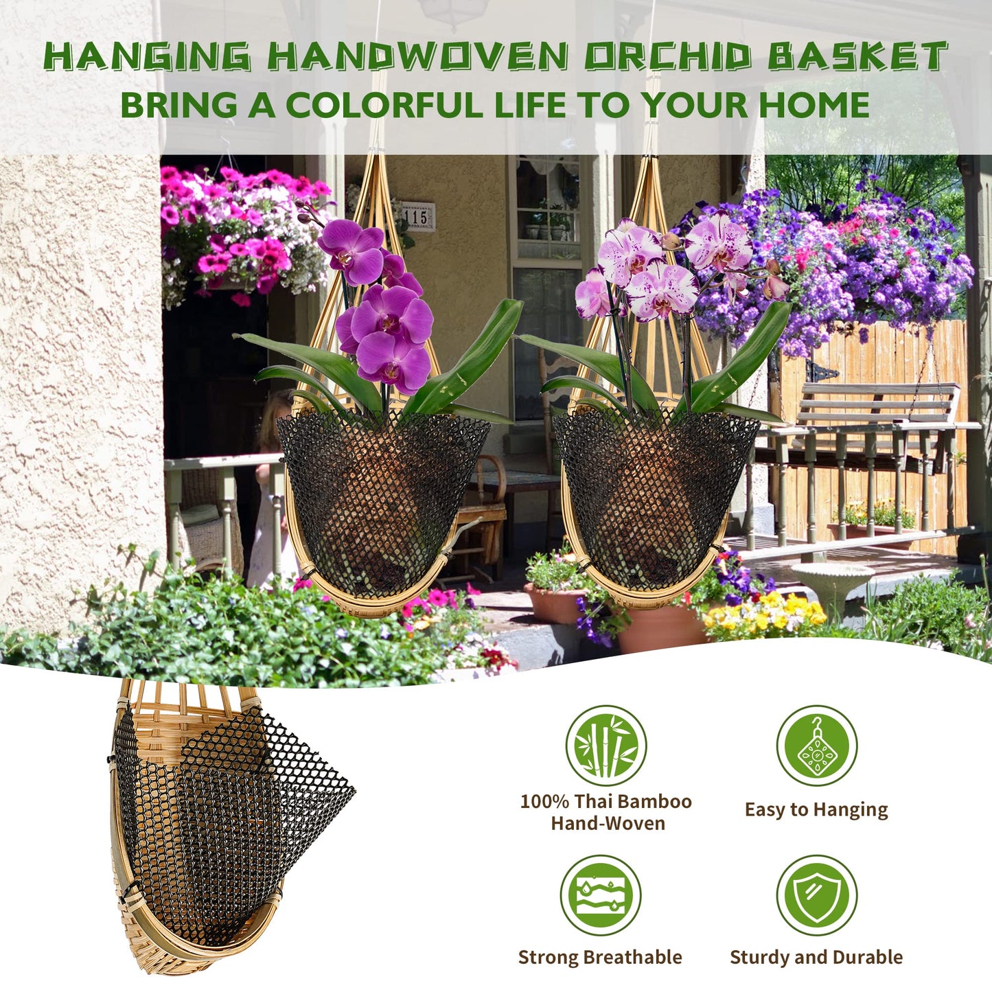 lanccona Orchid Hanging Planter 5 Inch 6 Pack with Bird Nest Style Plant Hangers, Handmade Thai Bamboo Woven Hanging Orchid Basket for Trellis Gazebo Indoor Outdoor
