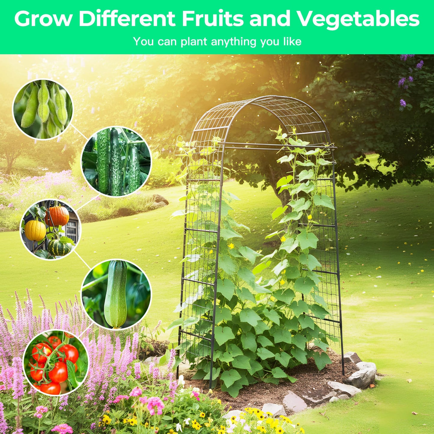 Garden Arch Trellis for Climbing Plants, 82 Inch Tall Grape Trellies for Outdoor,Flower Vegetable Tomato Cucumber Trellis with Clamp Netting, Metal Vine Plants Support for Wedding Garden Decoration