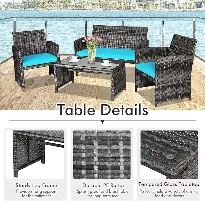 Goplus 4-Piece Rattan Patio Furniture Set, Outdoor Wicker Conversation Sofa