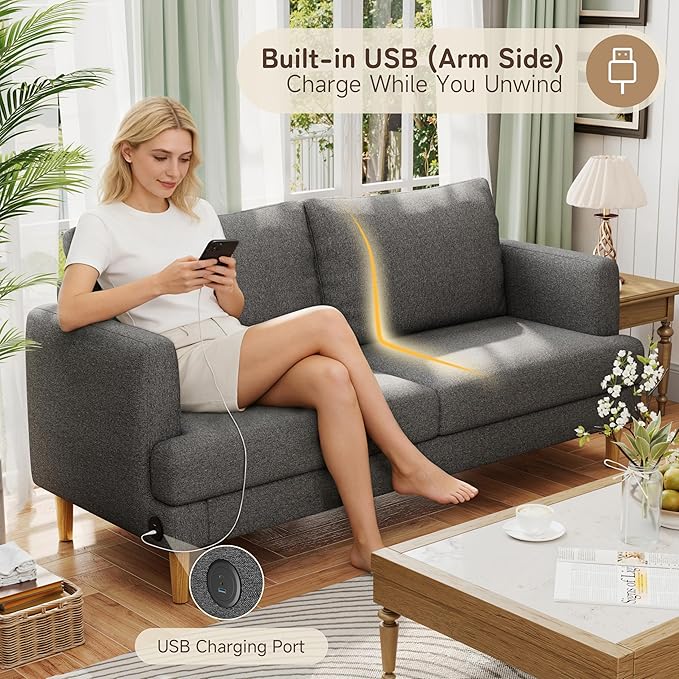 70" Modern Loveseat Sofa with USB Type-C Ports, Linen Fabric 2-Seater Deep Seat