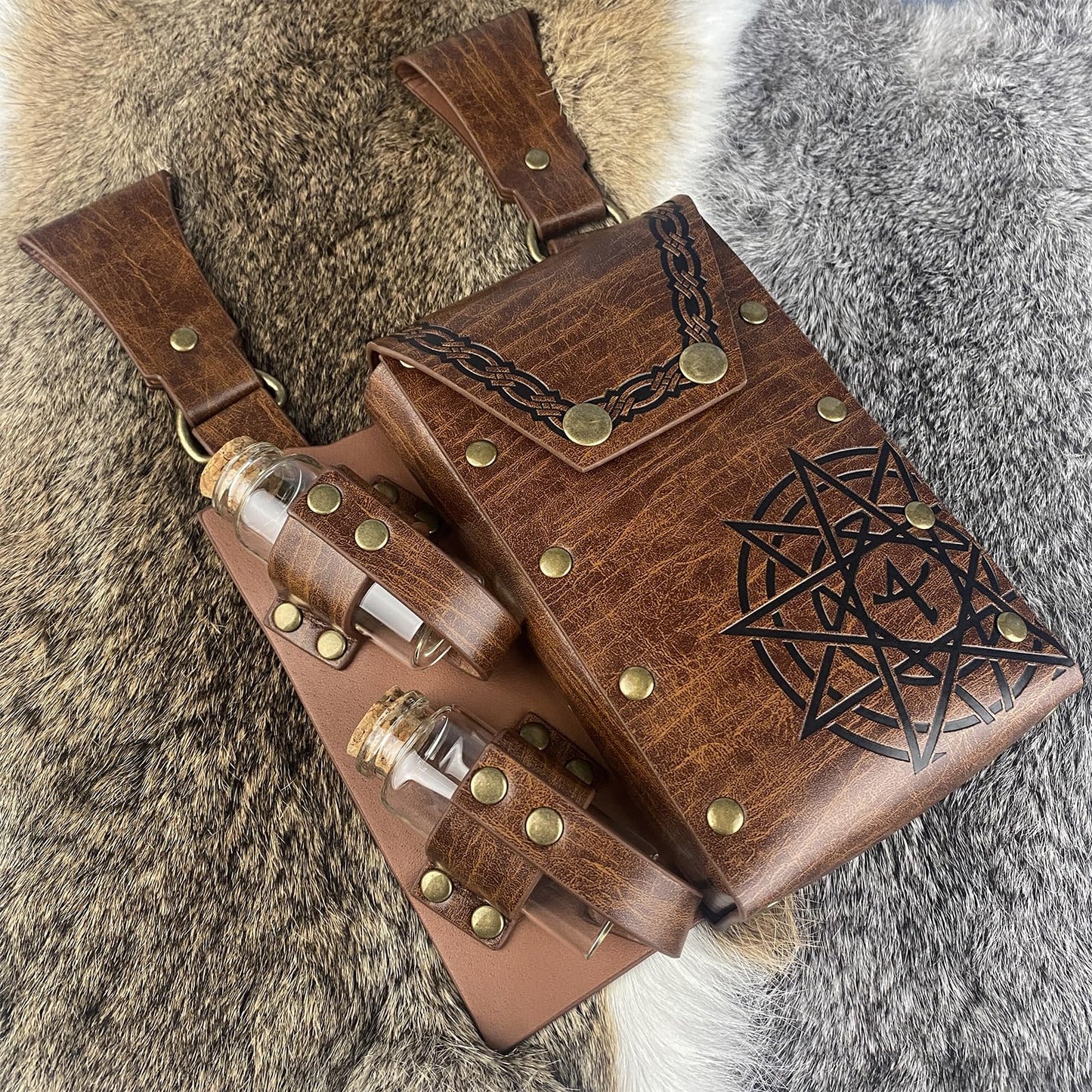 HiiFeuer Medieval Alchemy Faux Leather Belt Bag with 2 Cork Potion Vials, Fantasy Wizard Waist Pouch Side Pack for Ren Faire (Light Brown B)